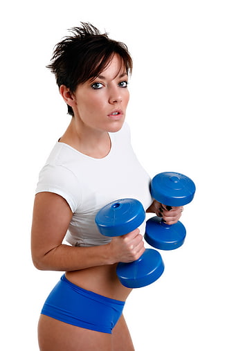 Fit Woman Exercising With Blue Dumbbells On White Background