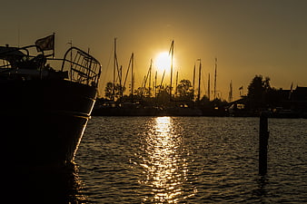 Silhouetted Sailboats in Harbor at Golden Sunset