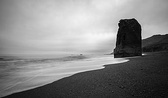 Dramatic Black and White Sea Stack on Black Sand Beach