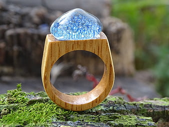 Handcrafted Wooden Ring with Blue Bubble Glass Top