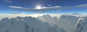 Panoramic Snow-Covered Mountain Range With Sun And Clouds