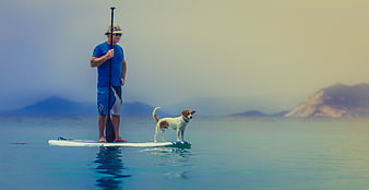 Man and Dog Standup Paddleboarding on Calm Ocean