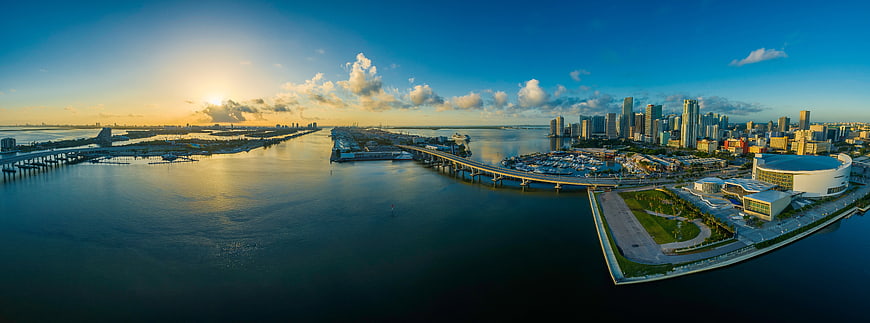 Panoramic Miami Skyline at Sunset with Waterfront and Bridges