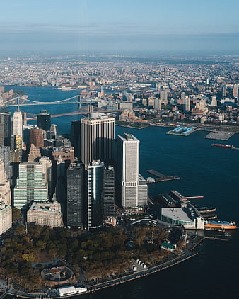 Aerial View of Lower Manhattan Skyline and Brooklyn Bridge