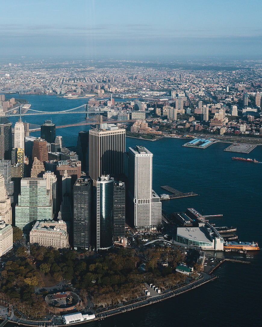Aerial View of Lower Manhattan Skyline and Brooklyn Bridge