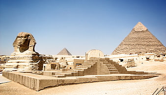 Great Sphinx and Pyramids of Giza in Egyptian Desert