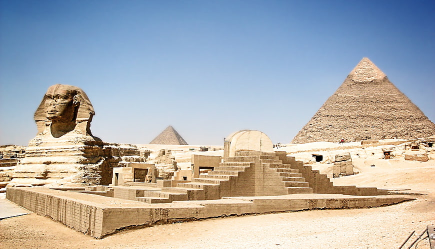 Great Sphinx and Pyramids of Giza in Egyptian Desert
