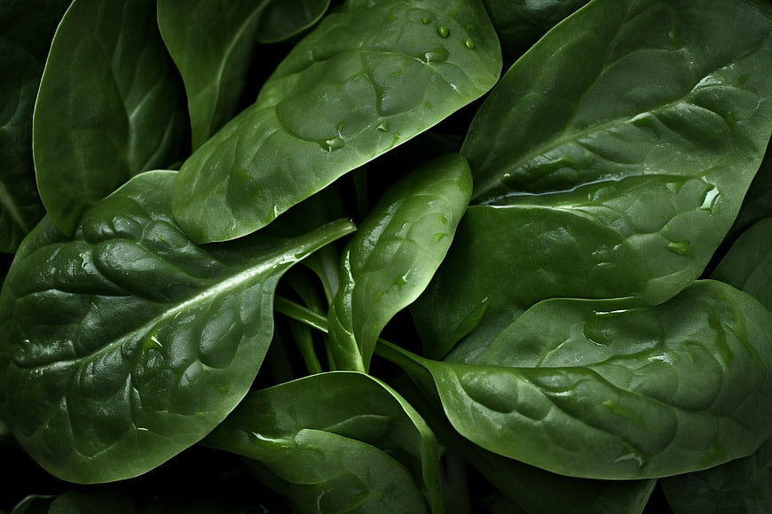 Close-up of fresh green spinach leaves with water droplets