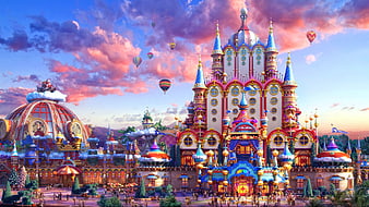 Colorful Fantasy Castle with Hot Air Balloons at Sunset