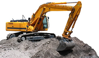 Yellow Excavator Digging Into Pile Of Dirt On Construction Site
