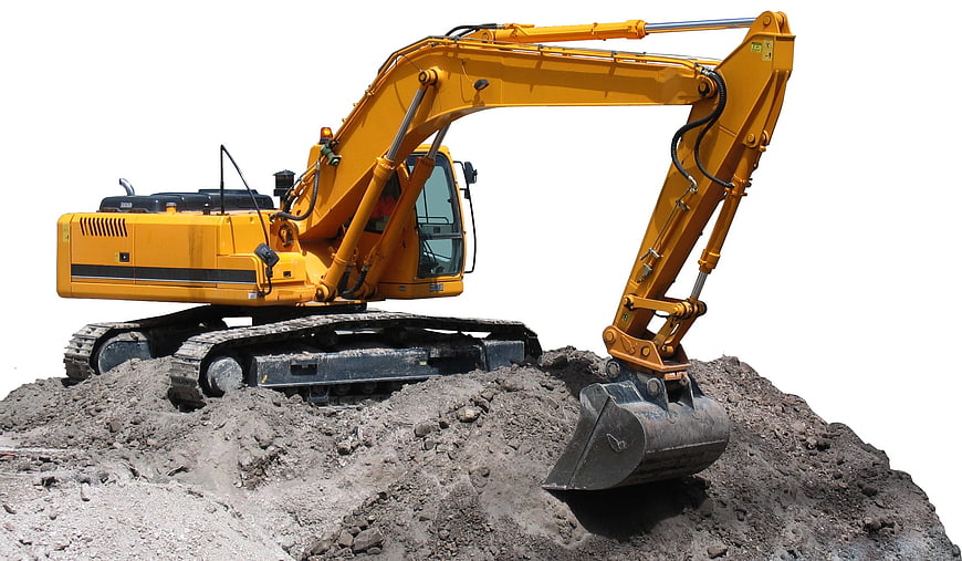 Yellow Excavator Digging Into Pile Of Dirt On Construction Site