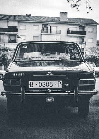 Vintage Black Renault Car Rear View in Black and White