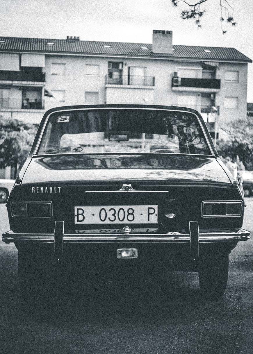 Vintage Black Renault Car Rear View in Black and White