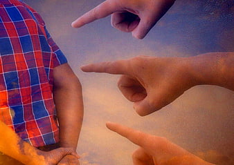 Multiple Hands Pointing Finger At Child In Plaid Shirt