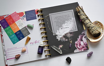 Wellness Planner Flat Lay With Sage Bundle, Crystals, and Essential Oils