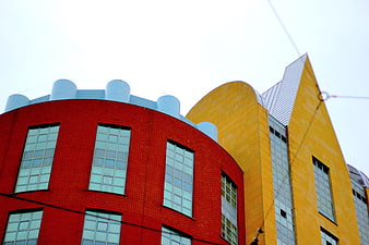 Colorful Modern Architecture with Red and Yellow Facades
