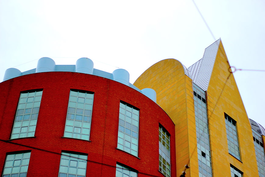 Colorful Modern Architecture with Red and Yellow Facades