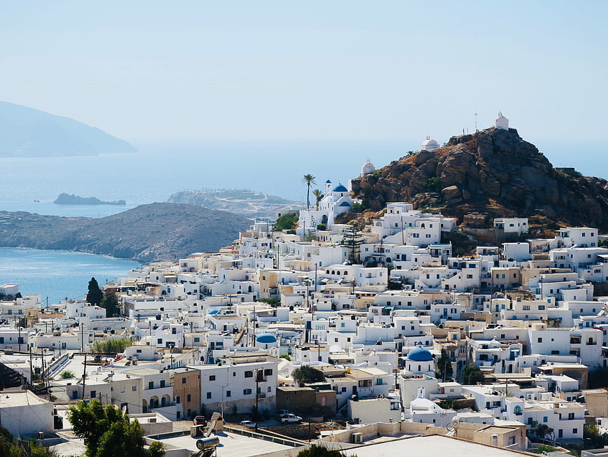 Panoramic View of White Cycladic Village on Greek Island Hillside