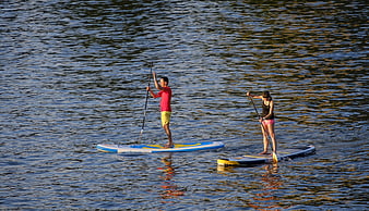 Two People Stand Up Paddling on a Calm Lake at Sunset