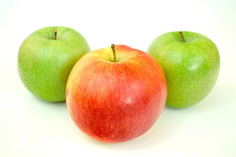 Red Apple with Two Green Apples on White Background