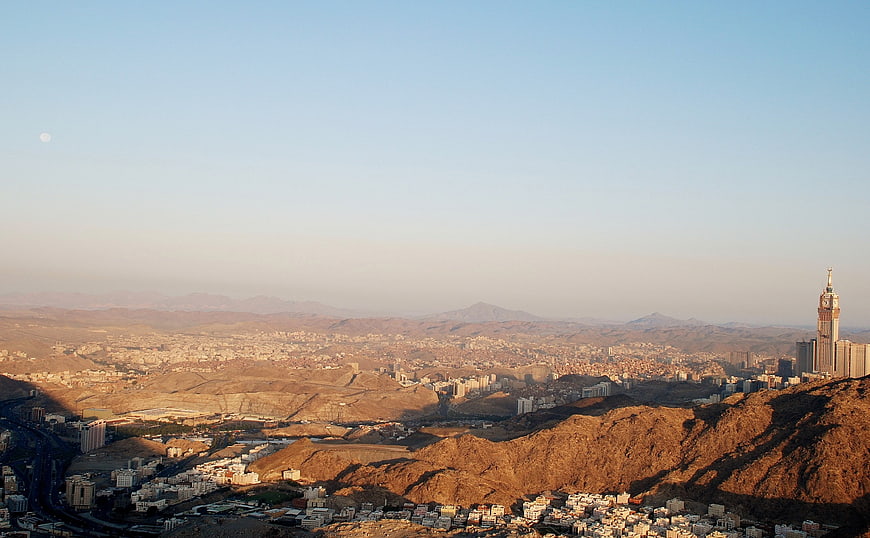 Aerial View of Mecca Cityscape with Minaret at Golden Hour
