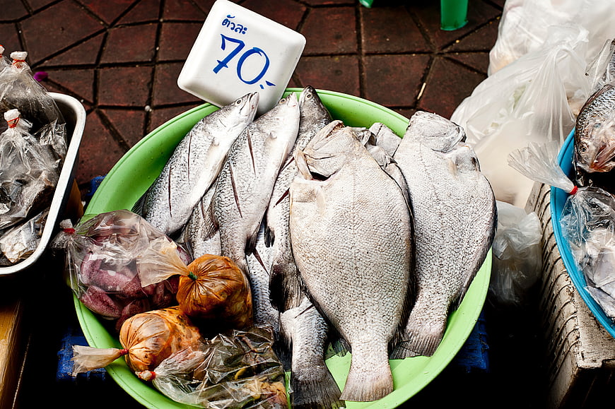 Fresh fish for sale at a Thai outdoor market
