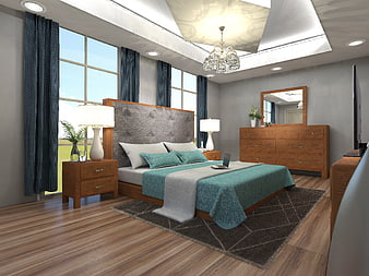 Modern Bedroom Interior with Wooden Furniture and Teal Bedding