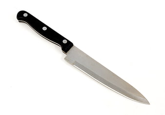 Sharp kitchen knife with black handle on white background