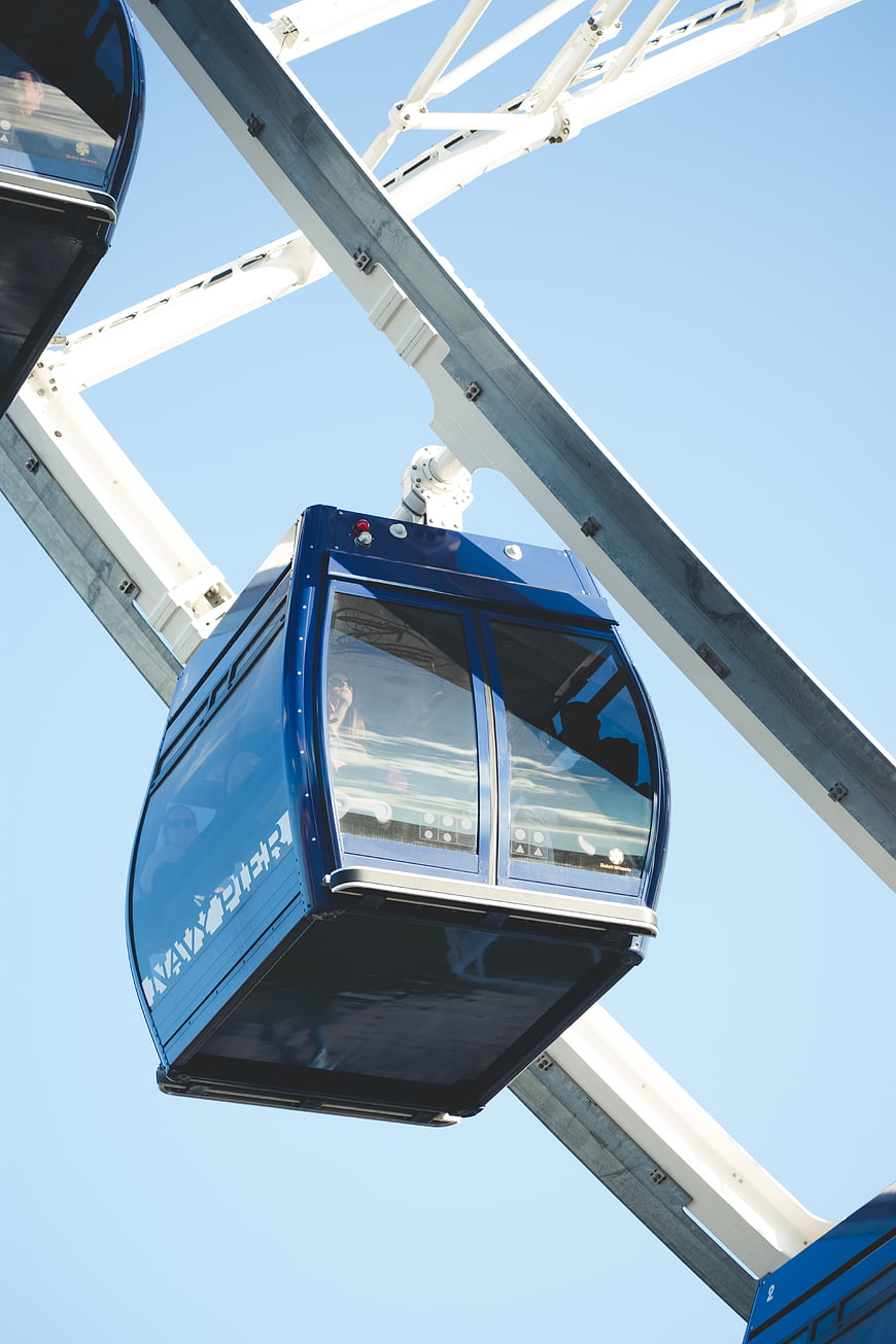 Blue Ferris Wheel Cabin Against Clear Blue Sky