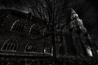 Gothic Church at Night in Black and White