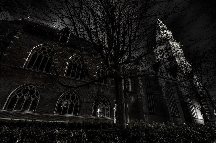 Gothic Church at Night in Black and White