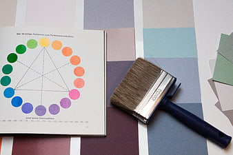 Paint brush and color wheel on pastel paint swatches