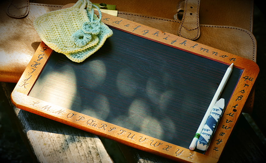 Vintage Wooden Chalkboard with Crochet Bag and Chalk