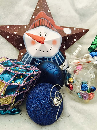 Blue Glitter Christmas Ornaments and Snowman Star Decoration
