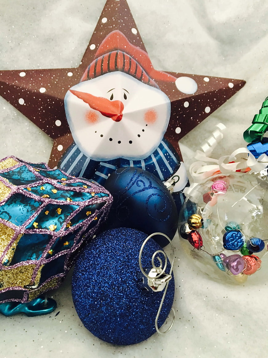 Blue Glitter Christmas Ornaments and Snowman Star Decoration