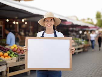 Smiling woman holding blank sign at farmers market