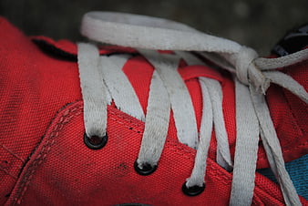 Close-up of red canvas shoe with white laces
