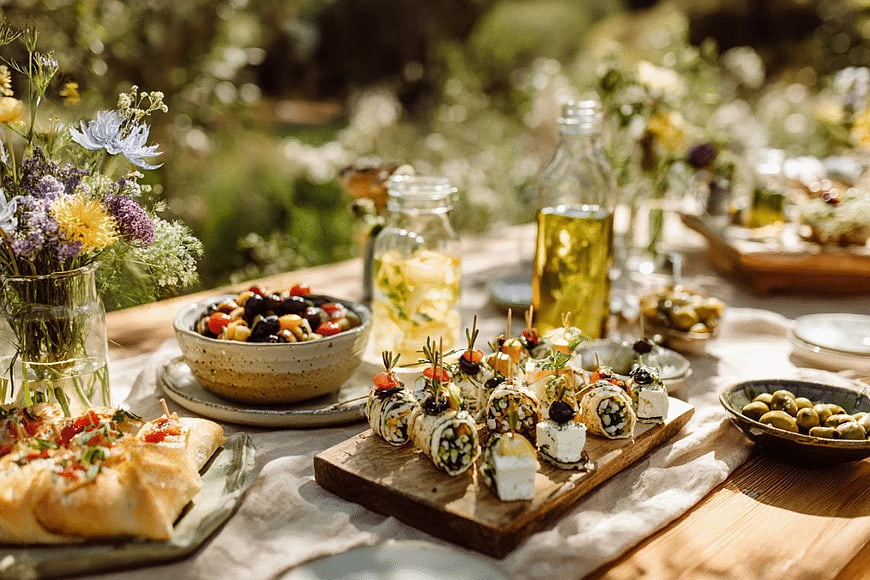 Mediterranean Outdoor Picnic Spread with Fresh Appetizers