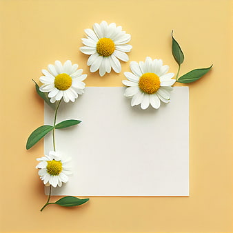 Flat lay of white daisies on yellow background with blank paper