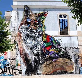 Colorful Fox Street Art Mural on Urban Wall