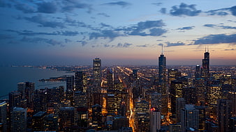 Chicago Skyline at Dusk with Lake Michigan and City Lights