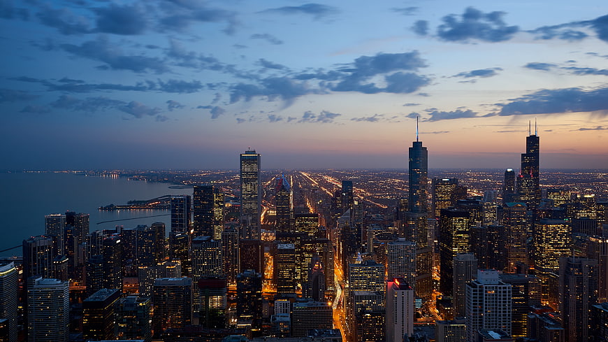 Chicago Skyline at Dusk with Lake Michigan and City Lights