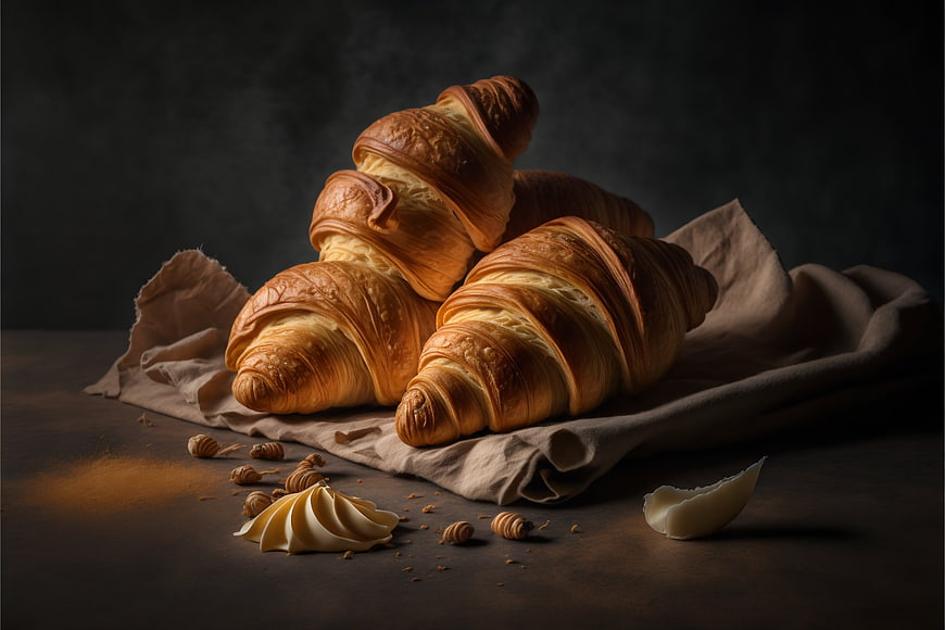 Golden Croissants with Butter and Cream on Dark Background