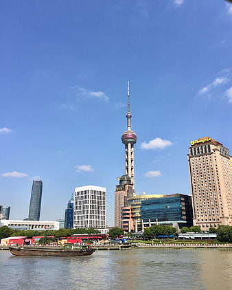 Shanghai Skyline with Oriental Pearl Tower and Huangpu River