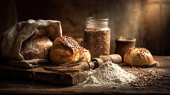 Rustic Artisan Bread, Flour, and Grains on Wooden Table