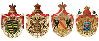Four historical German coats of arms with crowns and heraldic shields