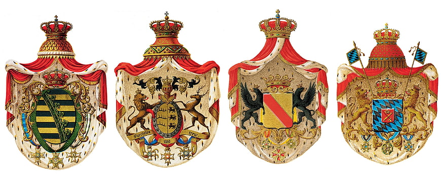 Four historical German coats of arms with crowns and heraldic shields