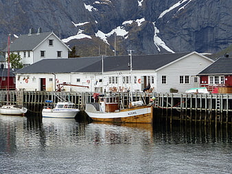 Traditional Fishing Boats Docked in Lofoten Harbor, Norway