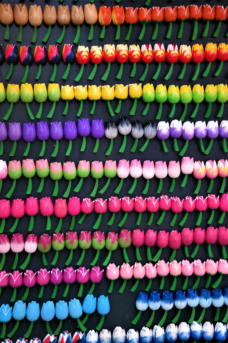 Rows of colorful wooden tulip magnets on black background