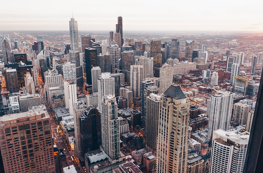 Aerial View of Chicago Skyline at Dusk